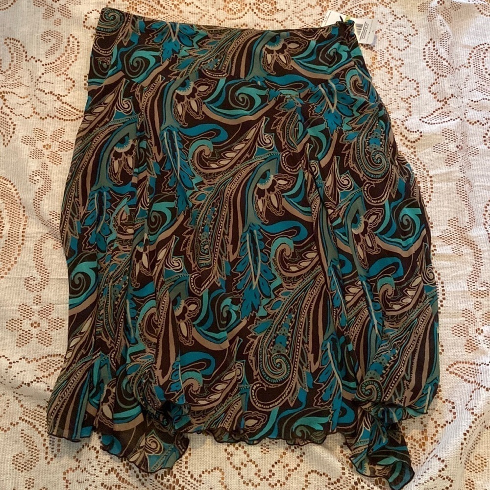 NWT Bandolino Skirt Paisley Hi Low Hem Blue Tan Brown Lined 14